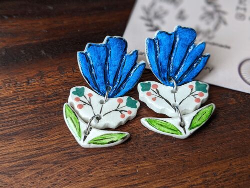 Blue flower earrings, 3 piece floral earrings, handmade air dry clay flower earrings