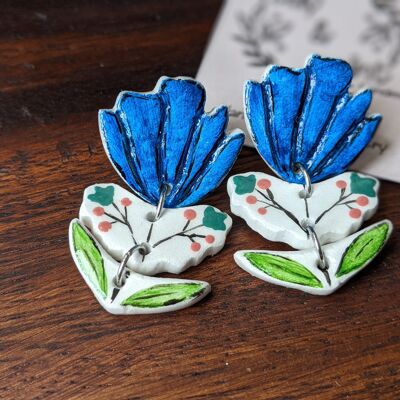 Blue flower earrings, 3 piece floral earrings, handmade air dry clay flower earrings