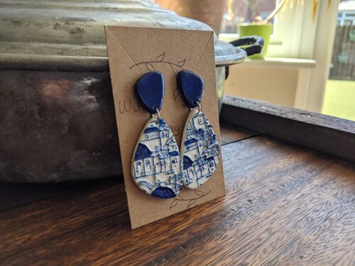Greek islands earrings, blue and white embossed clay earrings, Santorini textured earrings