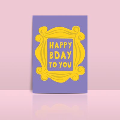 Tarjeta de feliz cumpleaños con ilustración de la serie FRIENDS: La puerta de Mónica