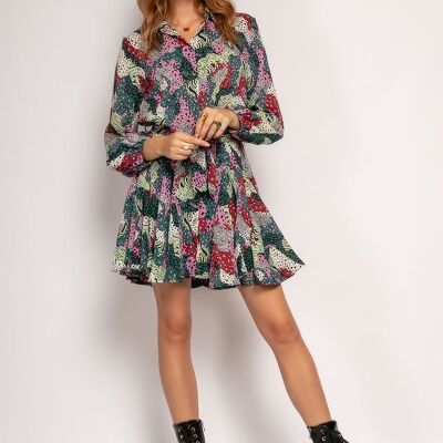 Printed pleated shirt dress