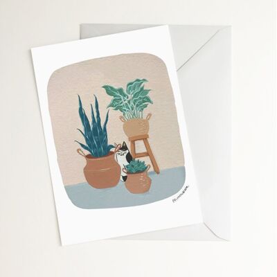 Tarjeta "El gato y sus plantas"