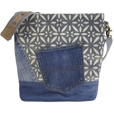 Sac à bandoulière Sunsa fabriqué à partir de jeans recyclés et de toile imprimée. Grand sac durable pour femme