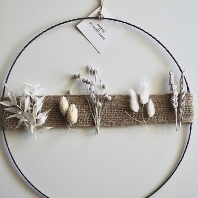 Couronne de fleurs séchées | Couronne de ruban de jute | Boucle de fleurs | Blanc | 20cm