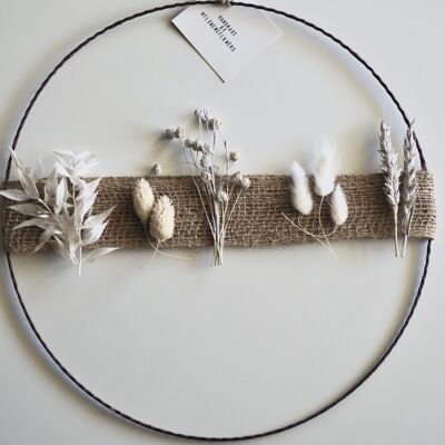 Corona di fiori secchi | Corona di nastro di iuta | Anello di fiori | bianco | 20 cm