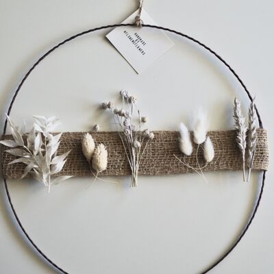 Corona di fiori secchi |Corona di nastro di iuta | Anello di fiori | bianco | 30 cm