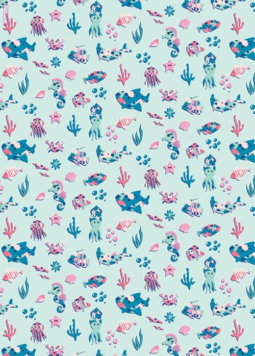 Pink & Blue Sea Life Wrapping Paper | Recyclable, Made in UK