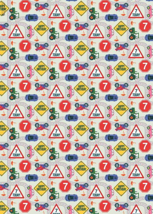 7th Birthday Road Wrapping Paper | Recyclable, Made in UK