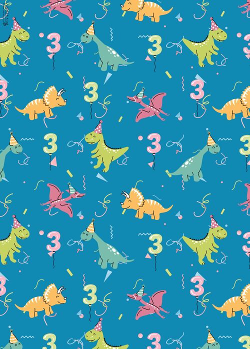 3rd Birthday Dinos Wrapping Paper | Recyclable, Made in UK