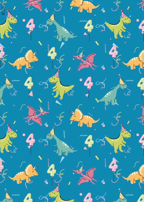 4th Birthday Dinos Wrapping Paper | Recyclable, Made in UK