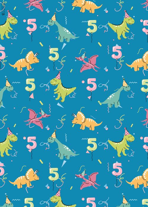 5th Birthday Dinos Wrapping Paper | Recyclable, Made in UK