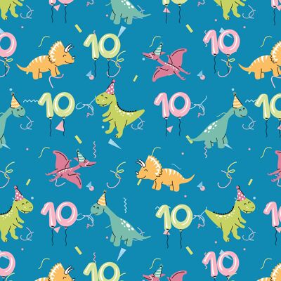 Papel de regalo de dinosaurios de 10.º cumpleaños | Reciclable, fabricado en el Reino Unido.