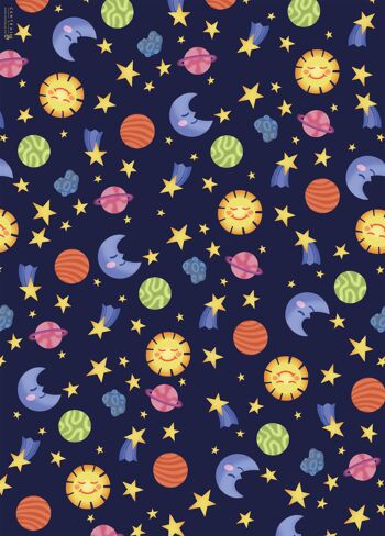 Papier cadeau lune, soleil et étoiles | Recyclable, fabriqué au Royaume-Uni