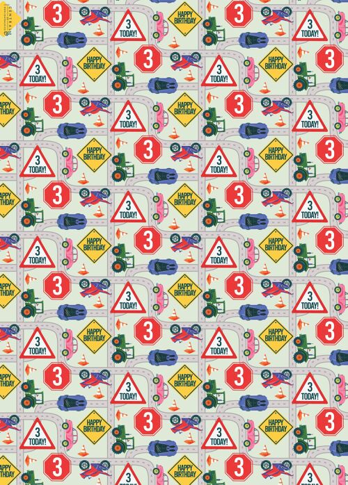 3rd Birthday Road Wrapping Paper | Recyclable, Made in UK