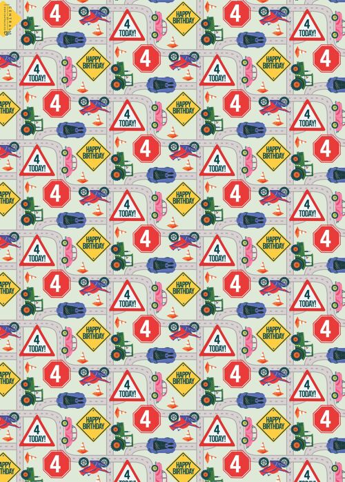 4th Birthday Road Wrapping Paper | Recyclable, Made in UK