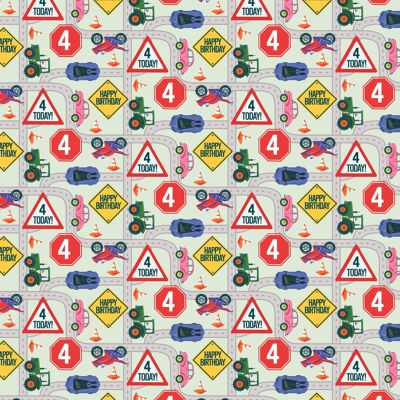 4th Birthday Road Wrapping Paper | Recyclable, Made in UK
