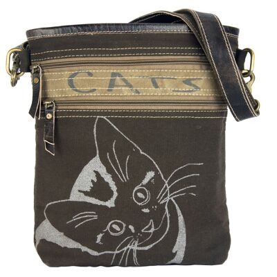 Sunsa canvas bag shoulder bag printed cat motifs, brown crossbody
