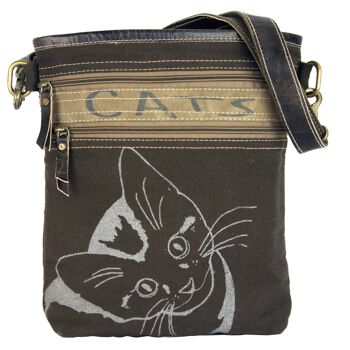 Sunsa sac en toile sac à bandoulière imprimé motifs chat, bandoulière marron 1