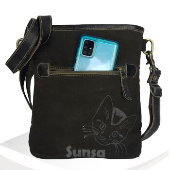 Sunsa sac en toile sac à bandoulière imprimé motifs chat, bandoulière marron 2
