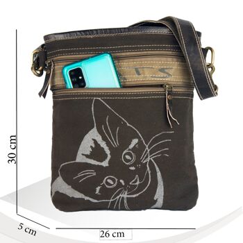 Sunsa sac en toile sac à bandoulière imprimé motifs chat, bandoulière marron 3