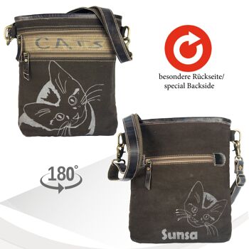 Sunsa sac en toile sac à bandoulière imprimé motifs chat, bandoulière marron 4