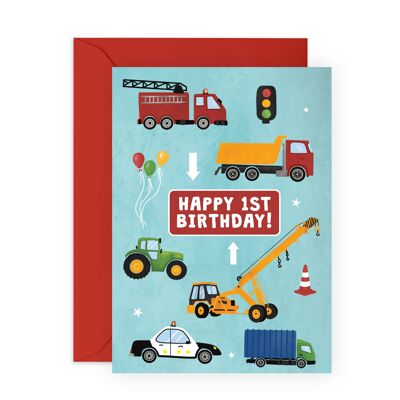 Carte de véhicules joyeux 1er anniversaire | Respectueux de l'environnement, fabriqué au Royaume-Uni