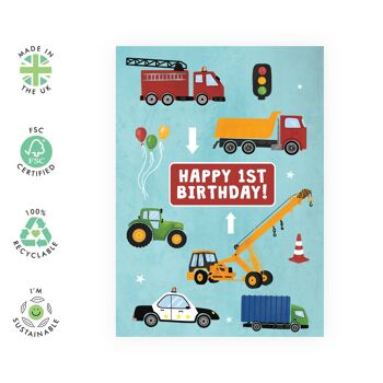 Carte de véhicules joyeux 1er anniversaire | Respectueux de l'environnement, fabriqué au Royaume-Uni 2