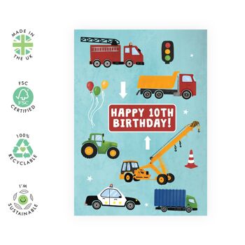 Carte de véhicules joyeux 10e anniversaire | Respectueux de l'environnement, fabriqué au Royaume-Uni 2