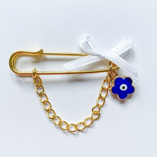 Anstecknadel Glücksbringer als Geschenk zur Geburt mit Evil Eye in blau und Kette