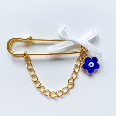 Pin lucky charm as a gift for birth with Evil Eye in blue and chain