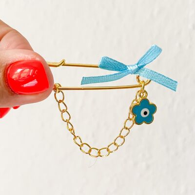 Pin lucky charm as a gift for birth with Evil Eye in light blue and chain