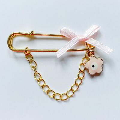Pin lucky charm as a gift for birth with Evil Eye in pink and chain