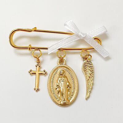 Pin lucky charm as a gift for birth or christening with 3 charms and bow