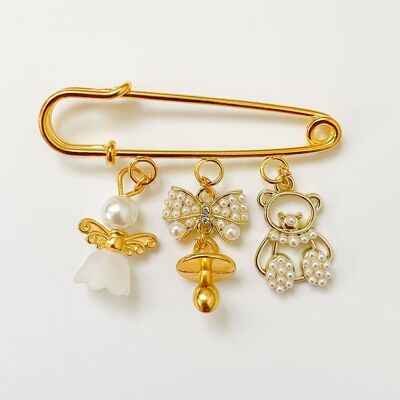 Anstecknadel Glücksbringer für Babys als Geschenk zur Geburt oder Taufe, mit 4 Charms