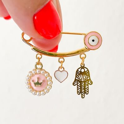 Pin lucky charm for baby girls as a gift for birth, Evil Eye pink