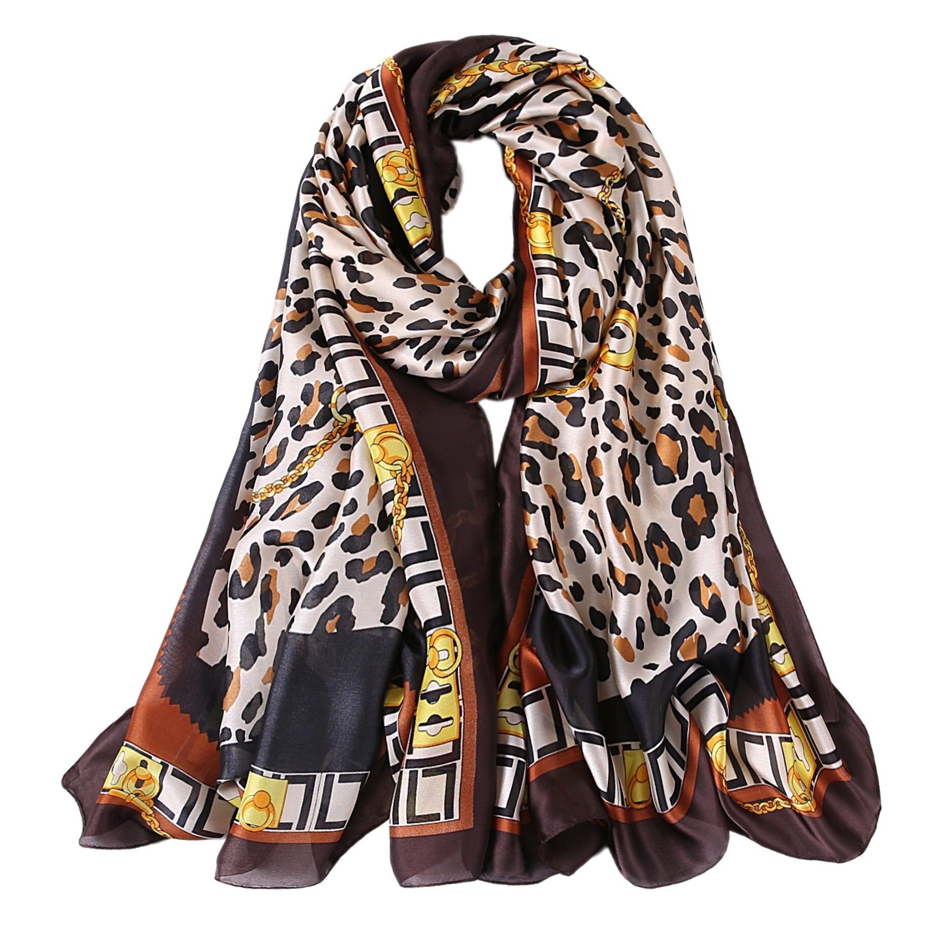 Estola de seda con cadena de leopardo color chocolate