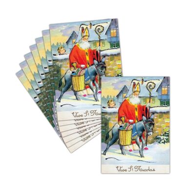 Carte Saint Nicolas Carte ancienne - Carte Vintage; 8 Cartes Non Pliées ; 3 Formats Dispos; Carte Saint Nicolas Sur Son â¢ne Gris