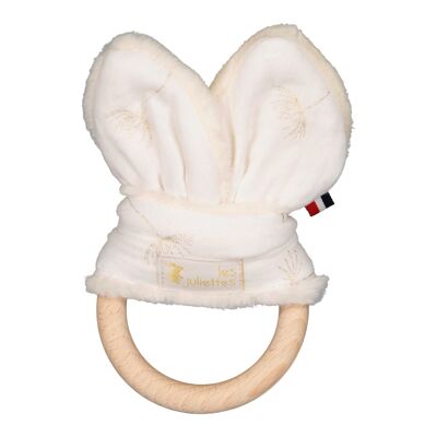 Anneau de dentition Montessori oreilles lapin - jouet en bois et double gaze coton Bloom