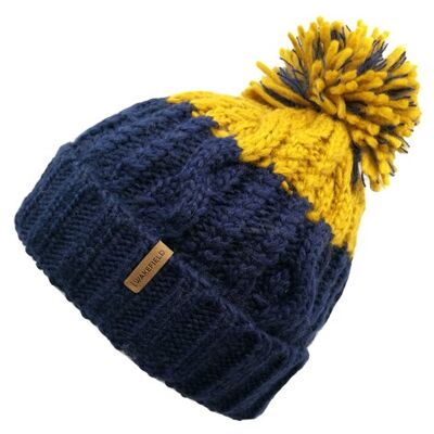 Sibirien Wintermütze Blau Gelb - Wollmützen mit Fleecefutter - Mütze mit Pompon