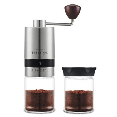 Manual coffee grinder made of stainless steel and glass with high-quality conical grinder