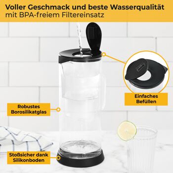 Carafe filtrante en verre pour 2,7 litres de la meilleure eau potable avec cartouche filtrante 3