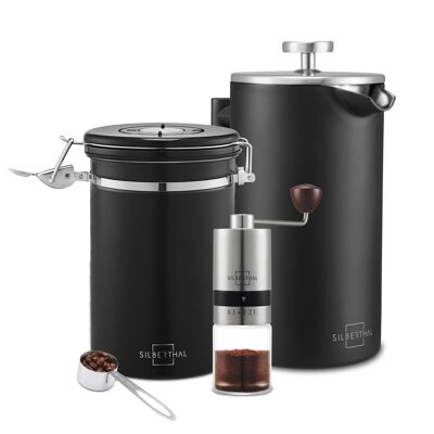 French press set with manual coffee grinder and coffee jar