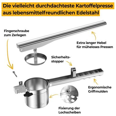 Potato ricer made of stainless steel with 3 removable inserts - for potatoes, spaghetti ice cream and dumplings