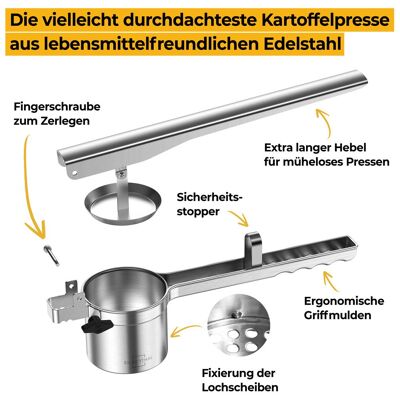 Kartoffelpresse aus Edelstahl mit 3 entnehmbaren Einsätzen - Für Kartoffeln, Spaghetti-Eis und Klöße