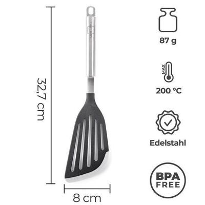 Flexible fish turner for pans & grills - handle made of stainless steel - with silicone edge