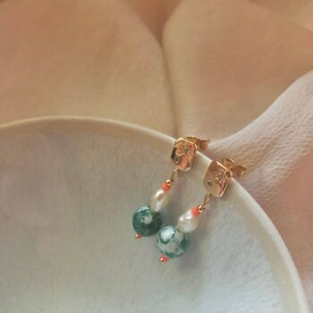 Boucles d'oreilles pendantes en or 18 carats avec oxyde de zirconium, agate verte et perle d'eau douce 5