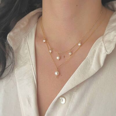 Zierliche Chocker-Halskette aus Süßwasser mit 5 Perlen – 18 Karat Gold und Edelstahl – romantisch und einzigartig – Brautschmuck
