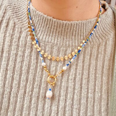 Collar de cuentas hecho a mano, collar de perlas de colores - cierre de anillo de resorte chapado en oro de 24 k y colgante de perlas de agua dulce - collar de larga duración