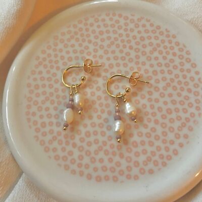 24k Gold Freshwater Pearl & Mauve Miyuki Beads Mini Hoop Earrings
