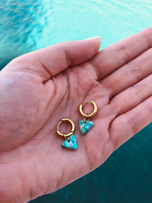 Turquoise Triangle Huggies - Long-lasting Gold Thick Hoop Earrings - Polymer Clay Handmade Earrings - Minimalistic & Unique Jewelry